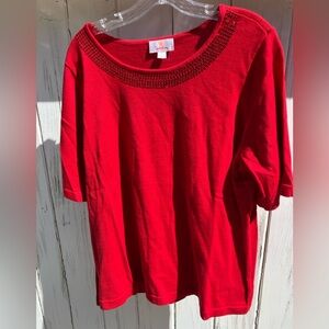 Quacker Factory Red Short Sleeve Knit Top with Sequined Neckline Size 1X New